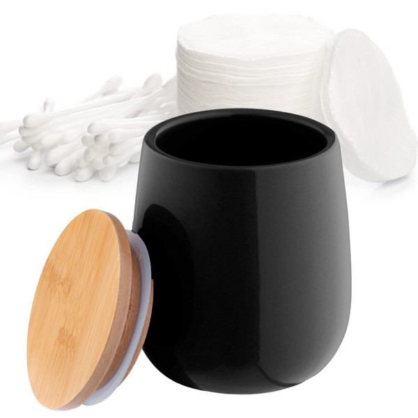 KADAX Cosmetics Tin, Ceramic Storage Tin, Cotton Wool Box with Bamboo Lid, Cotton Pad Holder, Storage Tin, Cotton Tin, Universal Container for Bathroom, Cotton Pads, Round