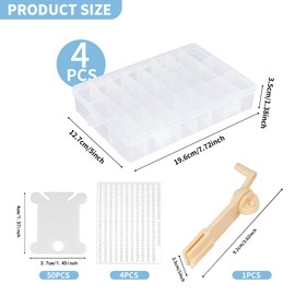 Aramanara Embroidery Floss Organizer Box Set, 4 Pcs 24 Compartments Cross Stitch Organizer Box with Bobbin Winder, Plastic Floss Bobbins and Floss Number Stickers for Craft DIY Sewing Jewelry Screw