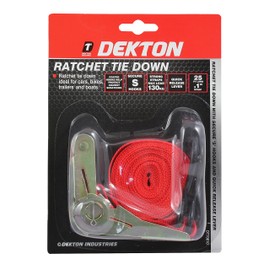 Dekton Ratchet Tie Down - 25ft Long, 1" Strap, Ideal for Cars, Bikes, Trailers & Boats, Secure S Hooks with Scratch-Resistant Coating, Strong Straps with 130KG Max Load, Quick Release Lever