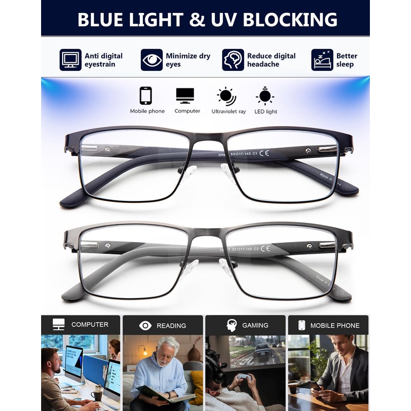 EVANLCAP Premium 2 Pack Multifocus Progressive Reading Glasses Men, Blue