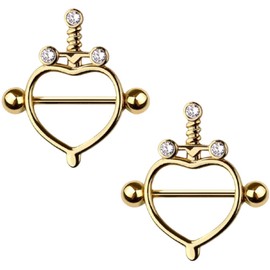 Pierced Owl 14GA 316L Stainless Steel Sword with Heart Outline Nipple Shields, Sold as a Pair (Gold Tone)