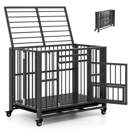 PETSITE 37 Inches Foldable Metal Dog Crate, Heavy Duty Dog Cage with 3 Lockable Doors, Removable Tray, 4 Lockable Universal Wheels, Indoor or Outdoor Dog Kennel for Small Medium Sized Dogs