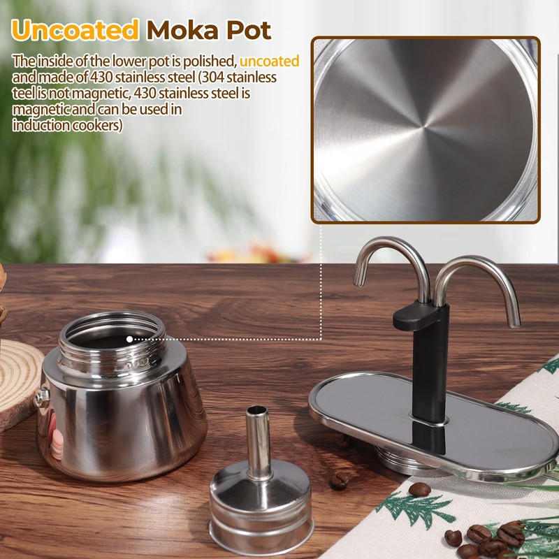 DITOSH 2 Cup Dual Pipe Moka Pot Stainless Steel Stovetop