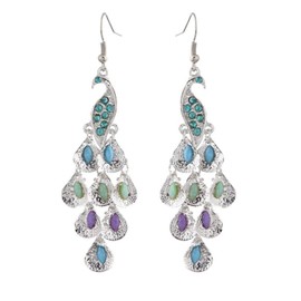 Vintage Peacock Earrings For Women Vintage Bird Dangle Drop with Hook Earrings Hypoallergenic Crystal Feather Statement Earrings(Silver)