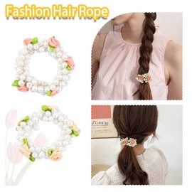 2Pcs Rose Pearl Hair Ties for Women Girls Rose Flower Hair Scrunchies Women Girls Flower Girl Hair Accessory for Bun Ponytail Holders Decorations