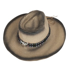 Unisex Straw Cowboy Hat with Chin Strap Men Women Retro Western Cowboy Riding Hat Wide Brim Summer Beach Travel Sun Hat Shapeable Foldable Straw Fedora Hat 56-58CM (UK, Numeric, 7, 7 1/4, Brown+Black)