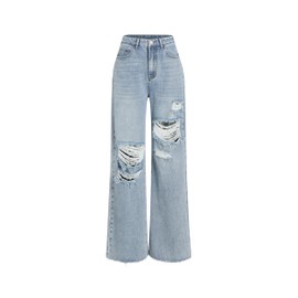 CIDER Women’s Ripped Jeans High Waisted Distressed Baggy Straight Wide Leg Pants: Denim, L