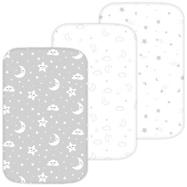 TansyPanda Bassinet Sheets for Angelbliss, Koolerthings, Koola Baby Bassinet Bedside Sleeper, 3 Pack, 33x20 inch, Ultra Soft, Breathable, Snug Fit, Unisex Boys Girls, Gray White (Moon, Stars, Clouds)