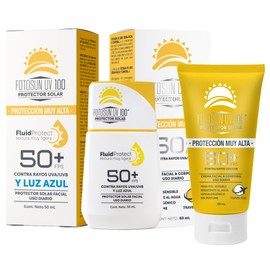 Fotosun UV 100 Fluid Protect Protector Solar Facial Fotoprotector Luz Azul 50+ FPS UVA UVB Consistencia Liquida Rápida Absorción Alta Protección Resistente al Agua Uso Diario (KIT: FLUID + TRAVEL)
