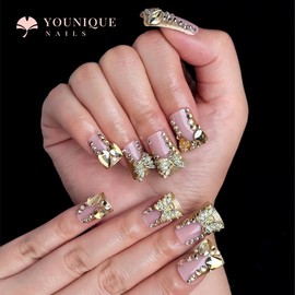Buy 10 Get 10 Free! [Machine-Made] 24pcs Press-On Nails with Rhinestones & Flowers – French Style Glue-On Nails for Women & Girls Full Cover Shiny Glitter Long Lasting Quality:_M-ED-GD-001