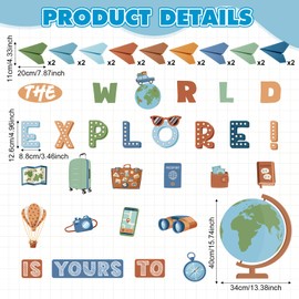 Pasimy 47 Pcs Explore Travel Bulletin Board Decorations Set Travel Map Classroom Decor with The World is Yours to Explore Plane Globe Cutouts Party Decorations for Kindergarten Nursery (Boho)