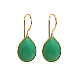 Gempires Pear Shaped Teardrop Crystal Earrings, Bezel Earring, Natural Gemstone Dangle Drop Earrings, Minimal, Everyday Wear, Gift for Her (Length 1.25 inch) (Chrysophrase Onyx)