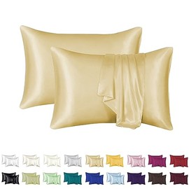 Luxurious Silky Satin Pillowcase for Hair and Skin - Set of 2 - Vegan Friendly - Standard Size - Silk Satin - Super Soft and Smooth, Cooling - Vegan (Gold)