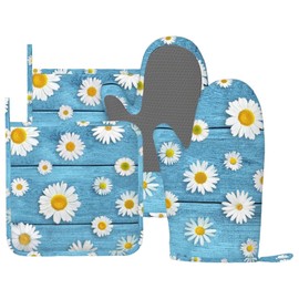DONMYER Daisies On Vintage Blue Wood Oven Mitts and Pot Holders 4 pcs Set Silicone Kitchen Daisy Oven Mitt Gloves Daisy Pot Holders Non-Slip Heat Resistant Cooking Mitts Set for Kitchen Baking