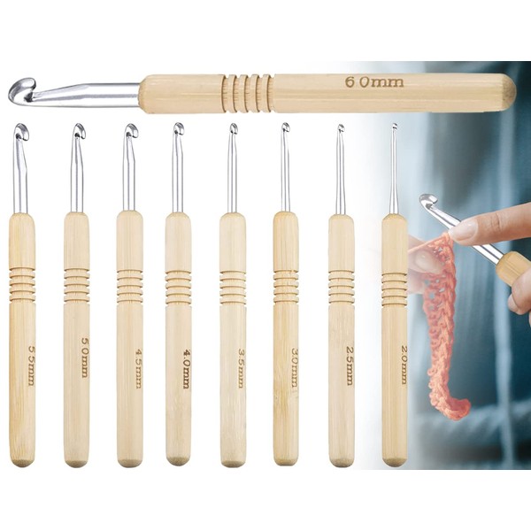 KAPSING Crochet Hook Set Wood 9 Pieces Crochet Hook 2.0