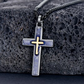PROESS Kreuz Kette für Herren 925er Sterlingsilber Lapislazuli Anhänger Schwarzgold Kreuzschmuck christliche Geschenke für Männer Frauen