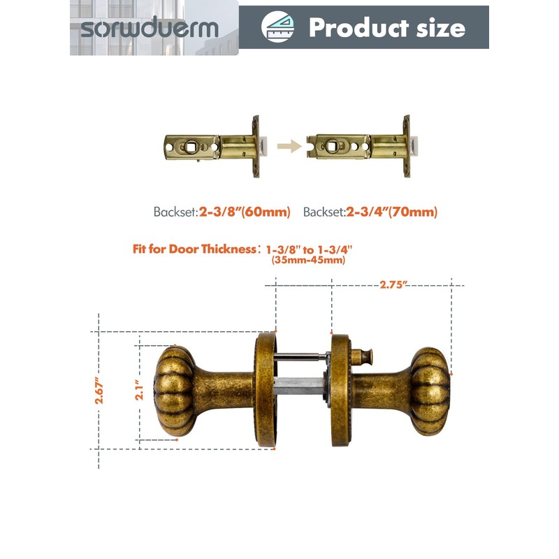 SORWDUERM Antique Brass Door Knobs Interior Privacy Door Knob for