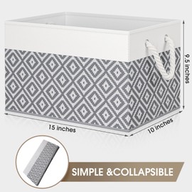 Storage Bins, 4-Pack Large Storage Box with Rope Handles, Collapsible Storage Basket for Organizing Books, Clothes, Rhombic Grey