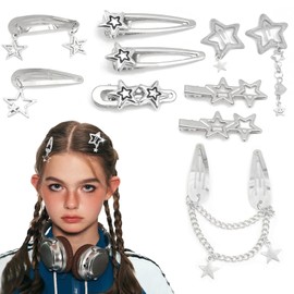 10PCS Star Hair Clips, Hair Clips Women, Silver Y2K Accessories Metal Star Barrettes 8 Shapes Pentagram Hair Snap Clips Punk Cool 2000s Hair Accessories for Women
