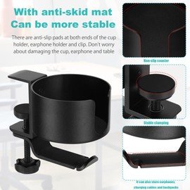Everkeen 2 in 1 Desk Cup Holder with Headphone Hanger Holder, Anti-Spill Cup Holder-360° Rotation Aluminum Alloy Stand Hook Bearing Capacity 10kg/22lb Suitable for Coffee Mups,Water Cups,Bag,Headphone