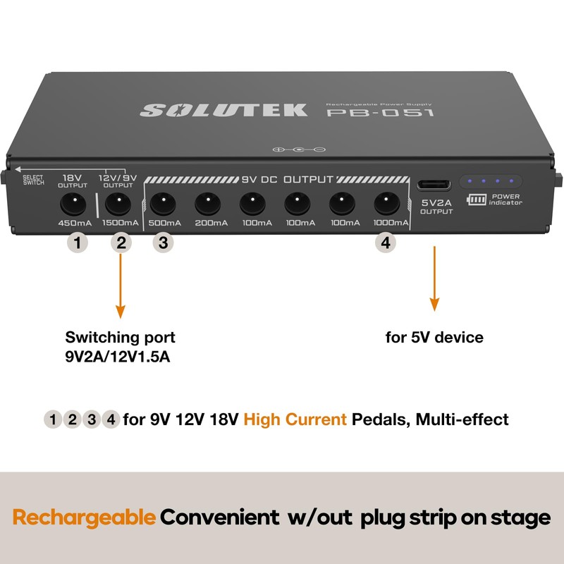 Solutek Rechargeable Guitar Pedal Power Supply | 12800 High-Current 2000mA