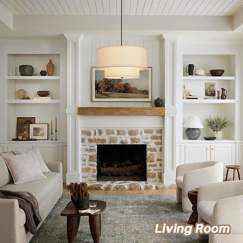 HILUXIA 18" Modern Double Drum Fabric Pendant Light, Large Hanging
