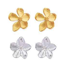 Yeemeen 2 Pairs of Earrings Statement Flower Earrings, Metal Floral Stud Earrings, Petal Stud Earrings, Large, Flower Earrings Gold, Dangle Earrings Set, Jewellery for Women and Girls, Brass