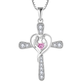 BELRYO Cross Necklace Birthday Gifts for Mom Necklace for Women 925 Sterling Silver Cubic Zirconia Necklace Heart Pendant Christmas Jewelry October Birthstone Tourmaline Color