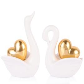 Ceramic Swan Couple Figurines – White Swan with Gold Heart Statue, Romantic for Couples Parents, Swan Decor Wedding Mini Statues, Bedroom Dresser Shelf Decor Knick Knacks