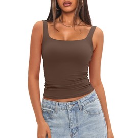 Darong Womens Square Neck Tank Tops Cute Double Layer Seamless Workout Tops Summer Sleeveless Shirts 9208 Coffee M