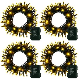 4 Pack- Battery Operated Outdoor Tree String Lights with 50 Warm White LEDs on 16.5ft/5m of Dark Green Cable,Outdoor Battery Xmas Wreath Lights with Timer for Christmas Yard Holiday Decoration