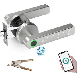 UCMDA Smart Lock - Fingerprint Door Lock with Handle, Keyless Entry Door Knob with APP/Digital Code/Keys/Fingerprint, Electronic Keypad Deadbolt Lock for Home Hotel Bedroom Security, Auto Lock, Sliver