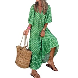 miduo Womens Loose Fit V Neck Half Sleeve Bohemian Geometric Diamond Pattern Maxi Long Dresses Boho Ankle Dresses Green S