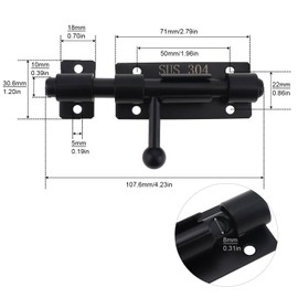 HOJLKLD Slide Bolt Gate Latch, 4 Inch 304 Stainless Steel Barrel Bolt Latch with 8 mm Padlock Hole, 10 mm Bolt Heavy Duty Black Sliding Latch Lock