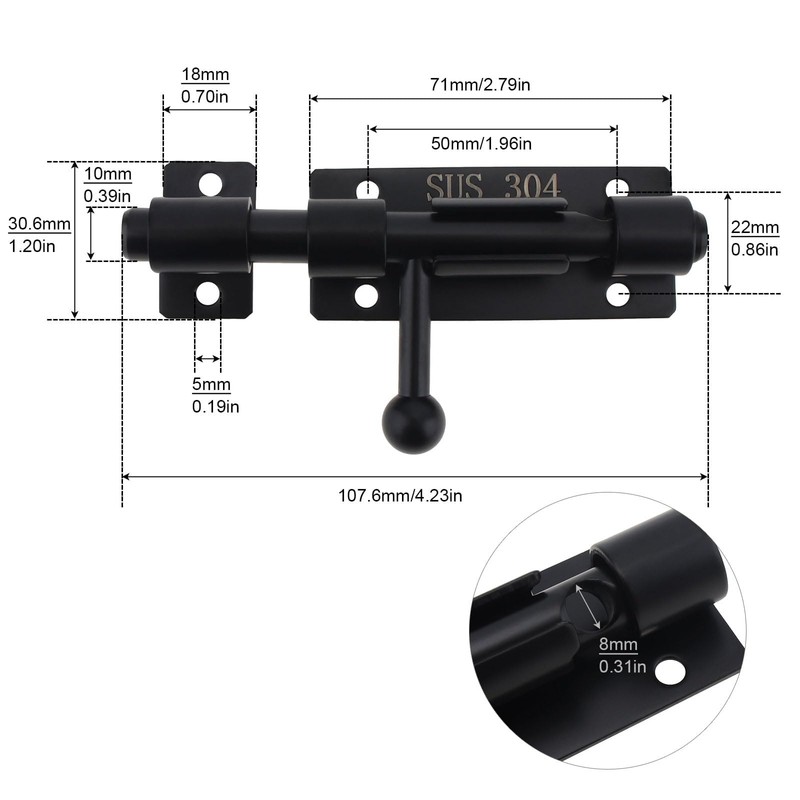 Slide Bolt Gate Latch, 4 Inch 304 Stainless Steel Barrel