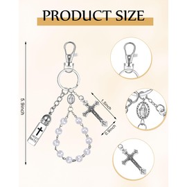 Blushtier Holy Water Bottle Keychain with Eyedropper Bead Rosary and Crucifix Cross Pendant for Christian Christmas Gifts(White)