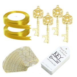 Aokbean 50pcs Vintage Skeleton Key Bottle Openers Wedding Favor Souvenir Gift Set Pillow Candy Box Escort Thank You Tag French Ribbon (Gold 1)