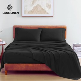 LANE LINEN LANE LINEN 100% Organic Cotton Queen Size Sheets Set, Machine Wash Fully Elasticized Naturally Cooling Percale Weave Queen Size Deep Pocket Sheet Sets, Low Pill Eco Friendly Bed Sheets- Black