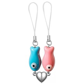 LunarCharm 2 Pieces Matching Cell Phone Charms, Cute Ceramic Fish Matching Heart Keychain Matching Gifts for Couples, Pink/Blue, Plastic