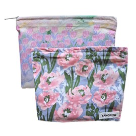 YANGROW 2Pcs Floral Makeup Bags, Aesthetic Cosmetic Bag Purse Zipper Pouch Large Travel Canvas Make Up Organizer Bag for Women and Girls (Hibiscus Pink+Flower Sea)