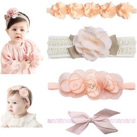 4 Pack Baby Girl Headbands, Elastic Flower Baby Hair Bands Hair Bows, Delicate Nylon Baby Hair Accessories for Girls Newborns Infants Toddlers