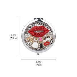JANKOW Red Lips Mirror, Rhinestone Compact Mirror, Pearl Makeup Mirror Travel Vanity Mirror Beauty Mirror Make up Mirror Double-Sided Makeup Mirror, for Women and Girl Travel Makeup Mirror (1 Pcs)