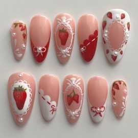 24Pcs French Almond False Nails Medium, Pink Strawberry Pattern Press on Nails, Elegant Fake Nails with Pearl Bow Design, Removable 3D Handmade Stick on Nail for Women DIY Manicure Decoration