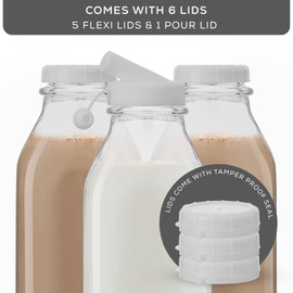 Milk Bottle with Lid AND Pourer Multi-Pack. 32 Oz Reusable Glass Bottles with 6 Lids! Jug Pitcher, Buttermilk, Water or Juice Bottles with Caps, Syrup, Honey or Sauce Container