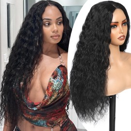 YKHJH 26 Inch Black Synthetic Lace Front Wig,Deep Water Wave Lace Front Wig,Curly Glueless Wigs For Black Women ，Hair Replacement Wigs Perfect for Daily & Party Use (Black)