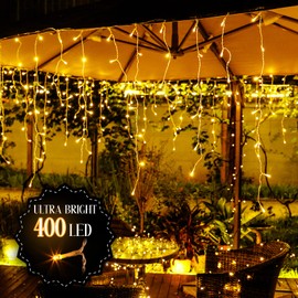 Areker Icicle Christmas Lights, Plug in 33ft Christmas Lights Outdoor with 400 LEDs & 80 Drops, 8 Modes Connectable UL Approved Waterproof Curtain Fairy Lights for Indoor Outdoor Christmas Window Party Garden Decor, Warm White