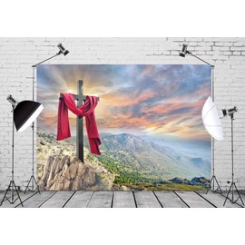 BELECO 9x6ft Fabric Resurrection of Jesus Cross Easter Backdrop Holy Light Mountain Background Bible Pray Christian Church Event Party Decorations Easter Crucifixion Religious Belief Background
