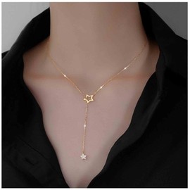 Yheakne Boho Star Y Lariat Necklace Choker Gold Crystal Star Drop Necklace Long CZ Star Pendant Necklace Minimalist Necklace Chain Jewellery for Women and Girls (Gold), Metal