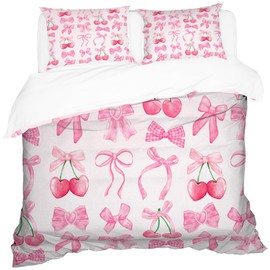 Reateforin Pink Bowknot Bows Duvet Cover Bed Covers Set Twin Size,Dreamy Princess Style Kids Girls Super Soft Microfiber Bedding Set for Adults Teens Pink Cherry Bow Bedding Set Coquette Decor 68"x88"