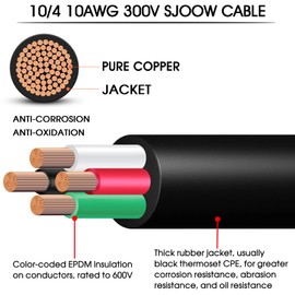 10/4 Wire 10AWG SJOOW Portable Power Cable Cord,300V 10 Gauge 4 Conductor SJOOW Cable Extension Cord for Welder Machine,Generator,Portable Light,EV Car Charger,Motor Lead, Industrial Outdoor Use-25ft